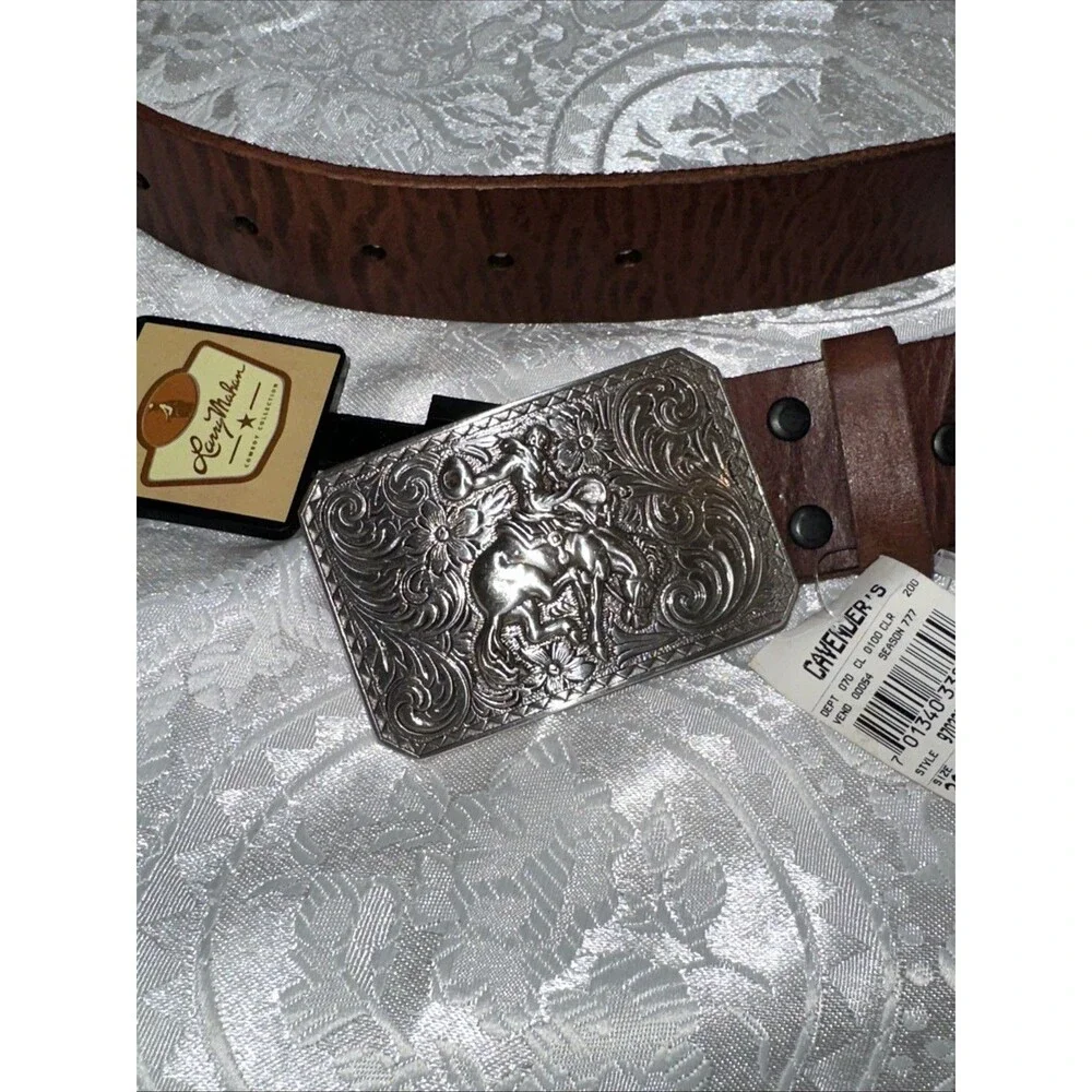 Larry Mayan SZ 8 Western Brown Leather Belt Bucking Bronco Buckle Mens